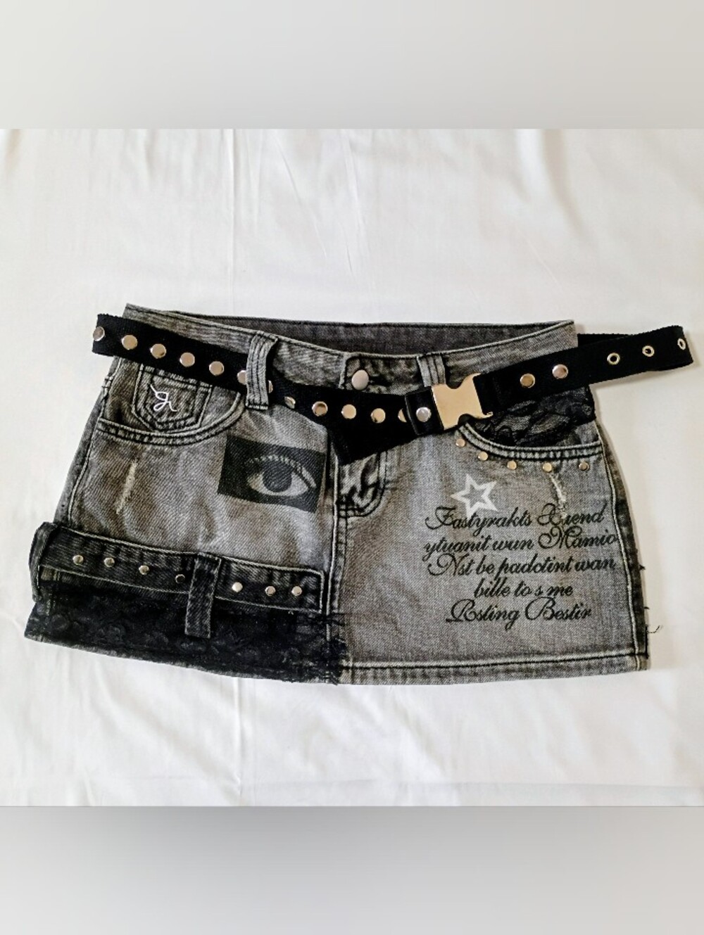 ROMWE Black Gray Denim Distressed XS Belted Mini Skirt
